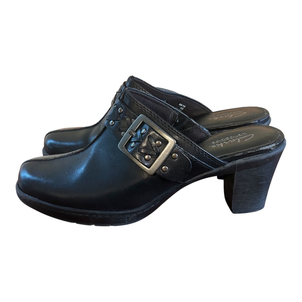 Clarks Bendables Black Leather Clogs Mules‎ Buckle Studded Block Heels 6.5 M